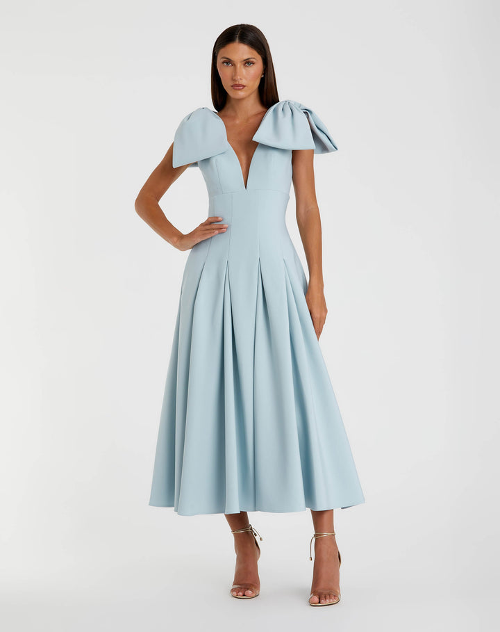 Blue Crepe A Line Midi Dress With Bow Straps - FOSTANI.com