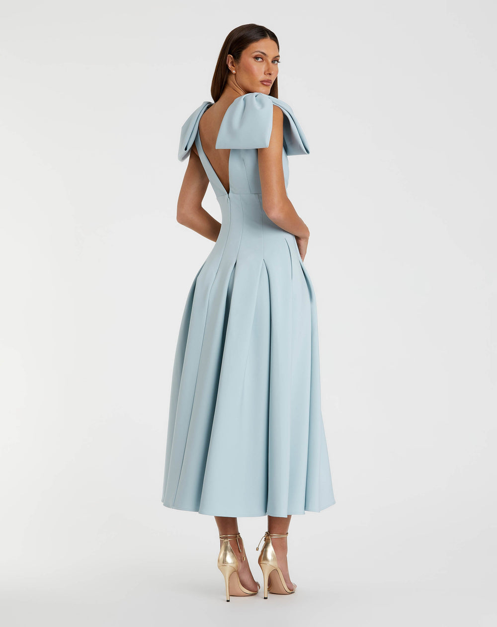 Blue Crepe A Line Midi Dress With Bow Straps - FOSTANI.com
