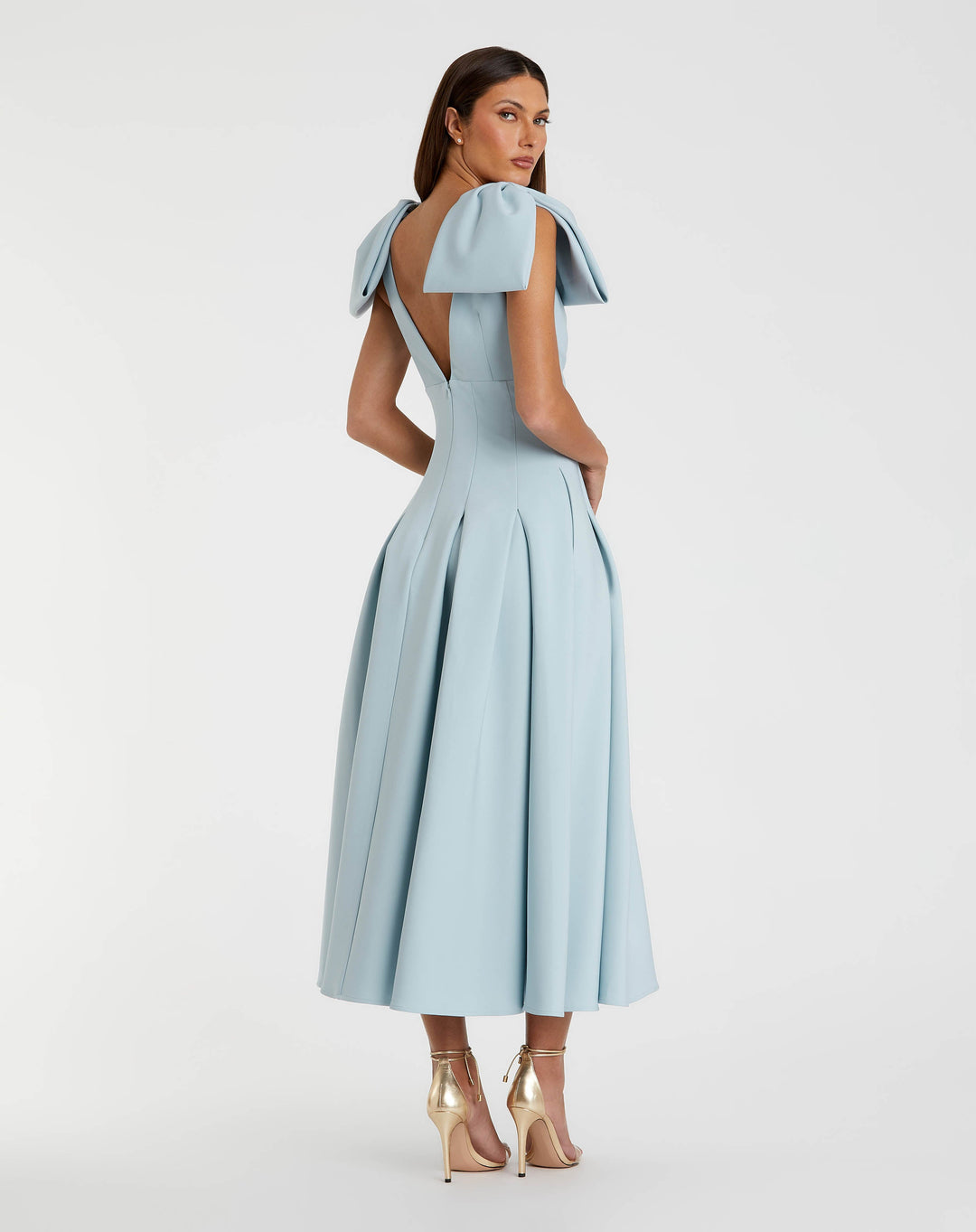 Blue Crepe A Line Midi Dress With Bow Straps - FOSTANI.com