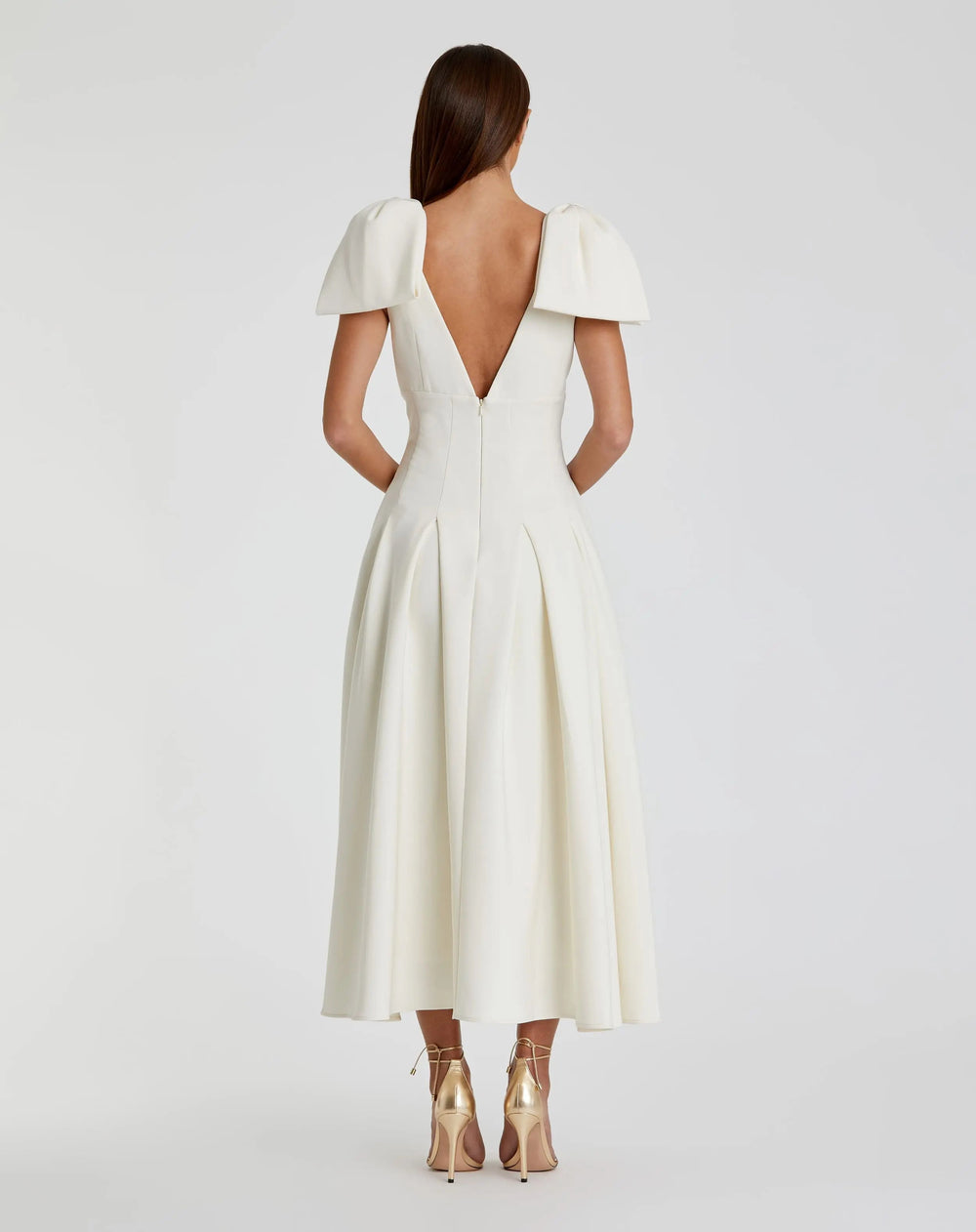 Ivory Crepe A Line Midi Dress With Bow Straps - FOSTANI.com