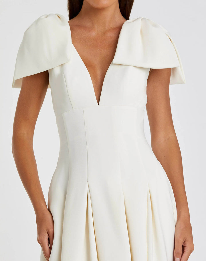 Ivory Crepe A Line Midi Dress With Bow Straps - FOSTANI.com