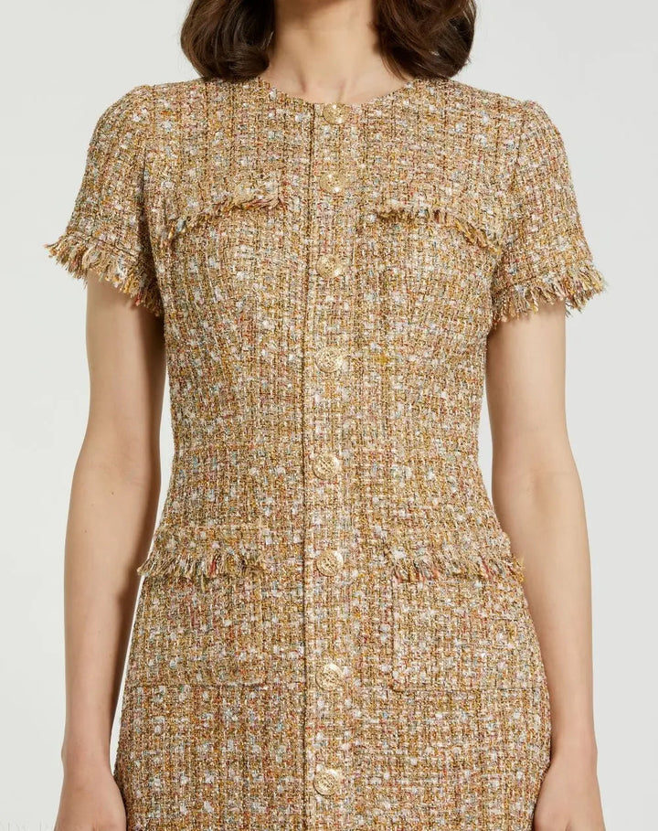 Mac Duggal 21072 Boucle Short Sleeve Mini Dress With Pockets