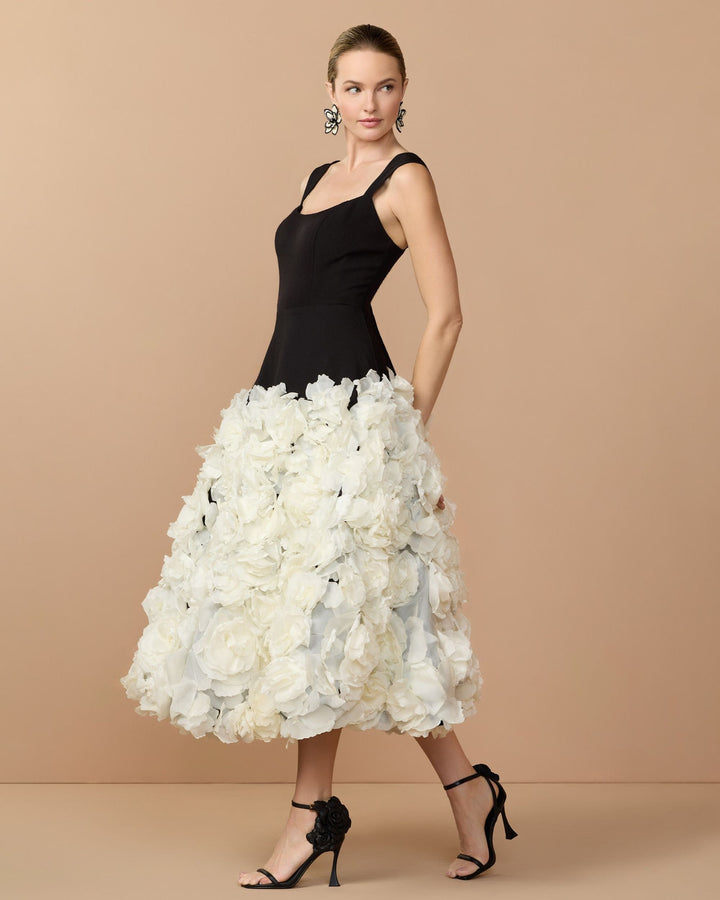 Black Sleeveless A-Line Midi Dress With 3D Floral Skirt - FOSTANI.com