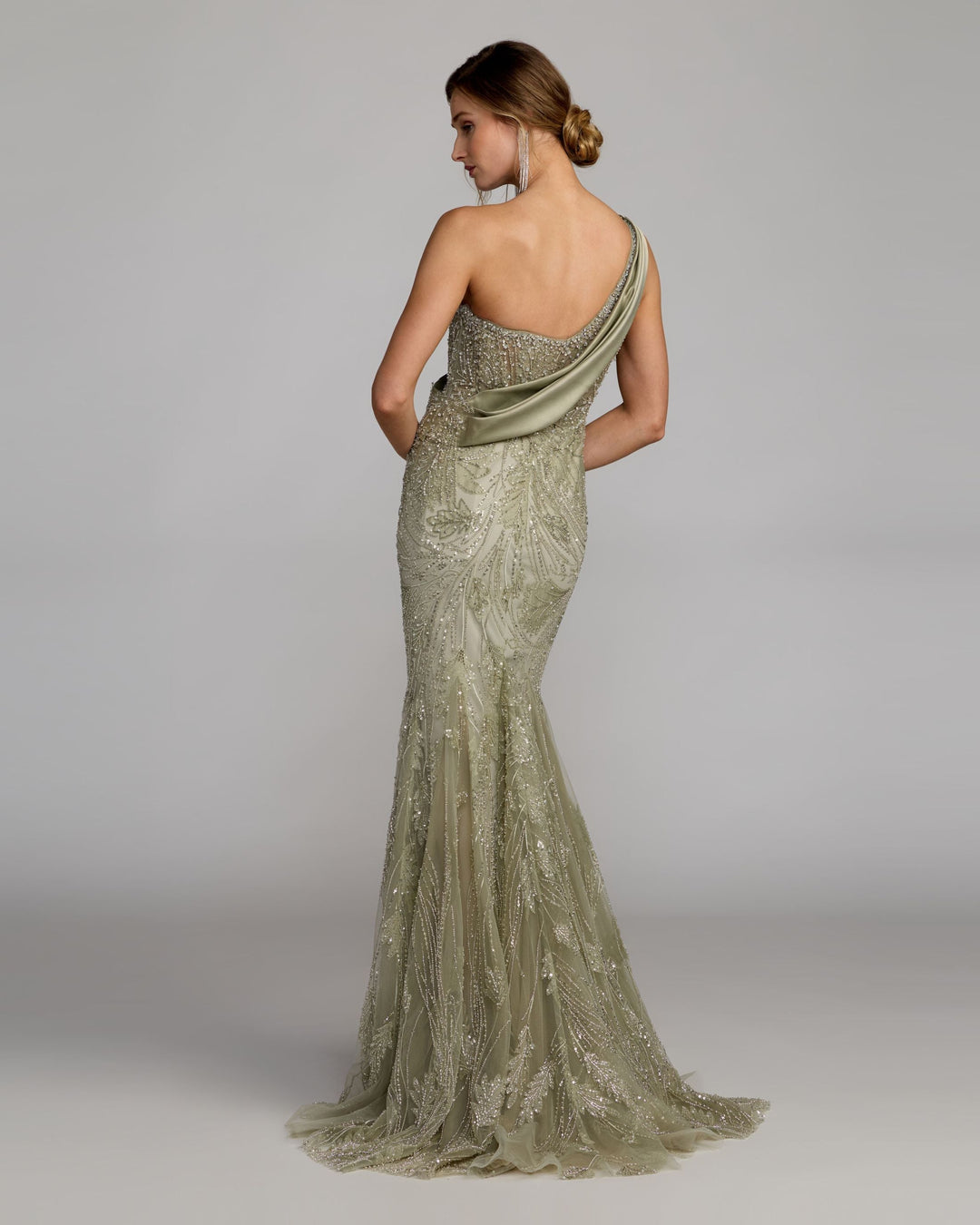 Mac Duggal 21089 Beaded One Shoulder Draped Mermaid Gown