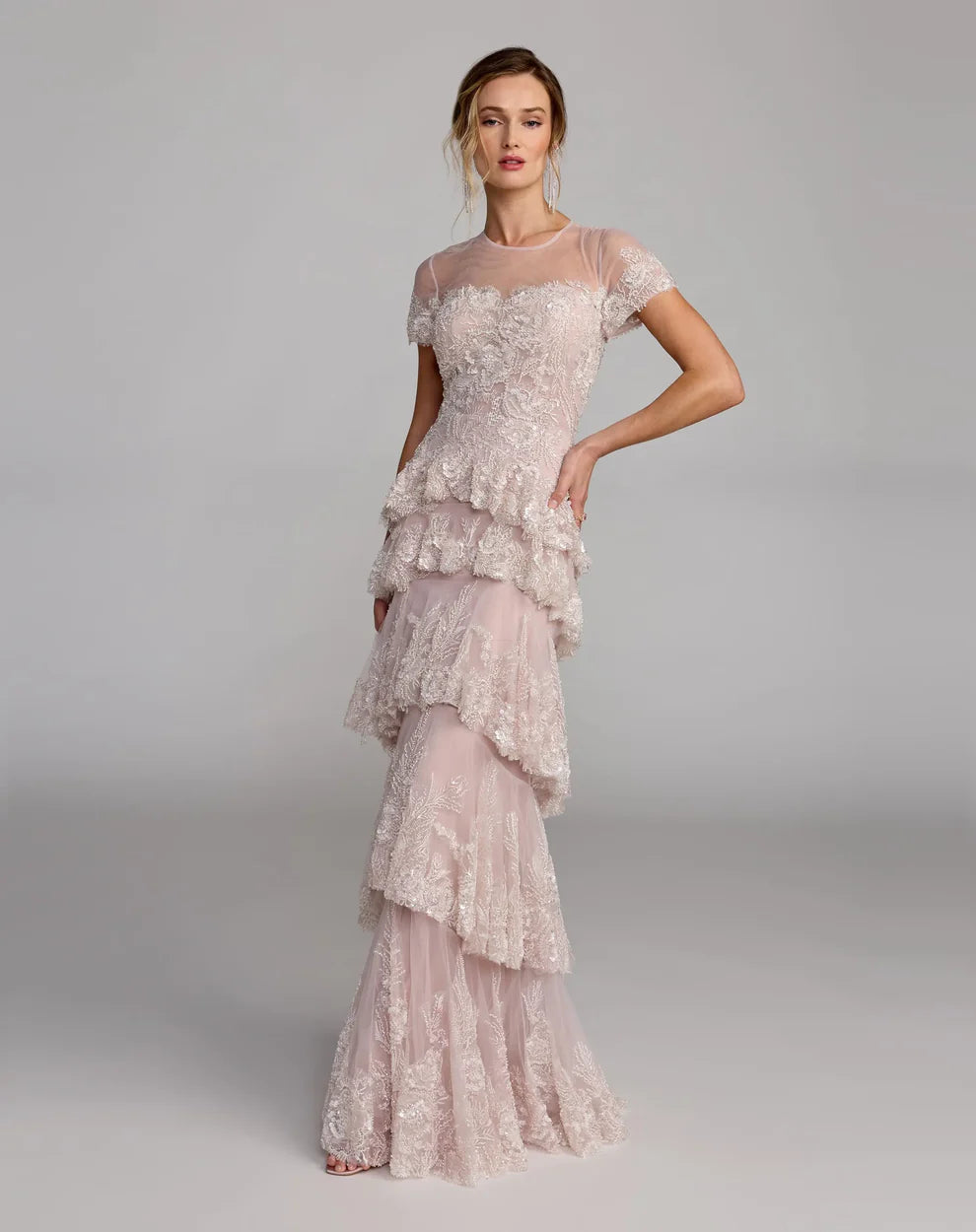 Mac Duggal 21097 Embellished High Neck Dress With Tiered Ruffle Skirt