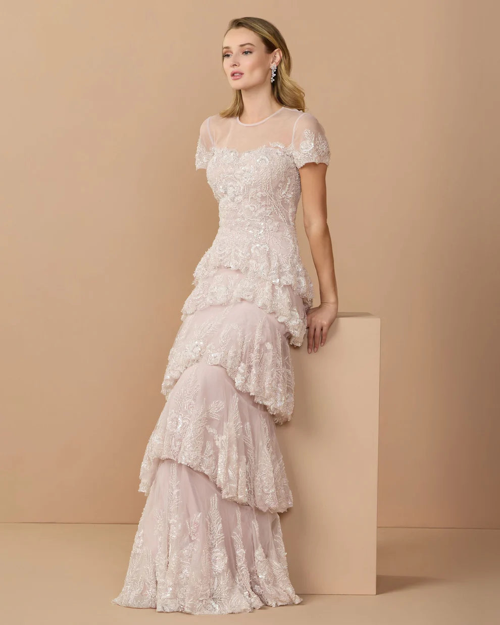 Mac Duggal 21097 Embellished High Neck Dress With Tiered Ruffle Skirt