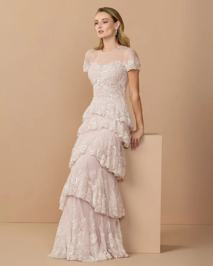Mac Duggal 21097 Embellished High Neck Dress With Tiered Ruffle Skirt