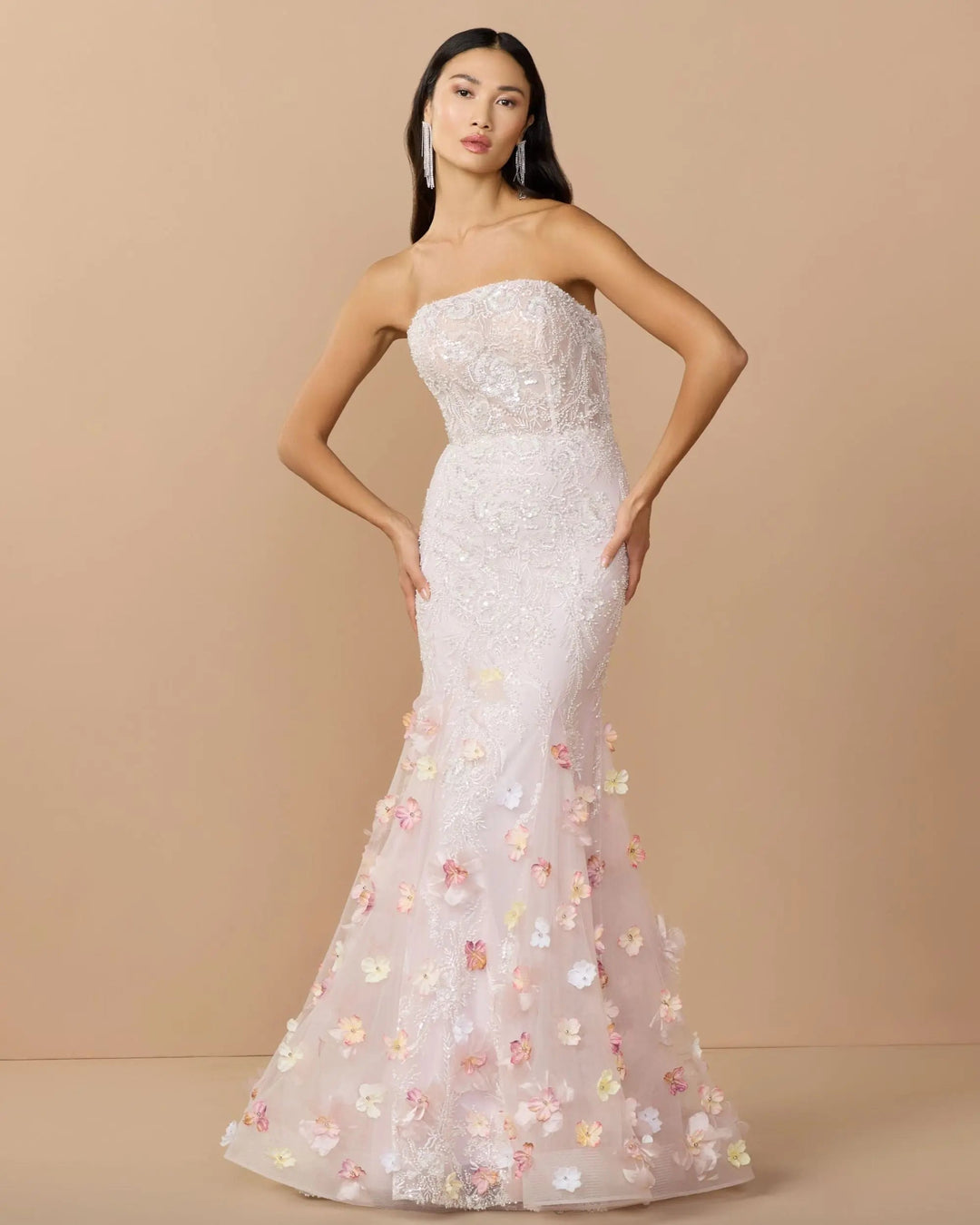 Pink Strapless Embellished Mermaid Gown With 3D Floral Hem - FOSTANI.com