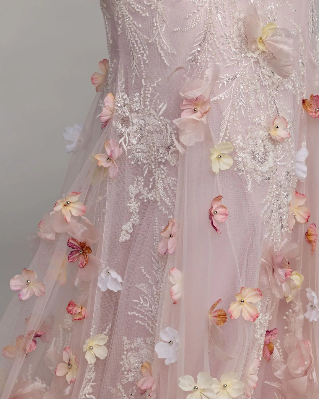 Pink Strapless Embellished Mermaid Gown With 3D Floral Hem - FOSTANI.com
