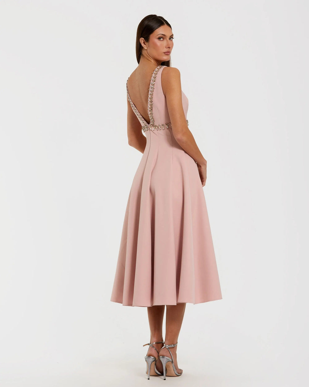 Pink Rhinestone Embellished Crepe A Line Midi Dress - FOSTANI.com