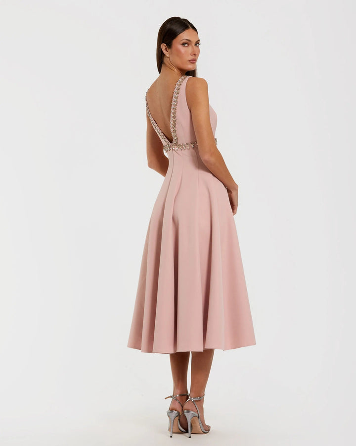 Pink Rhinestone Embellished Crepe A Line Midi Dress - FOSTANI.com