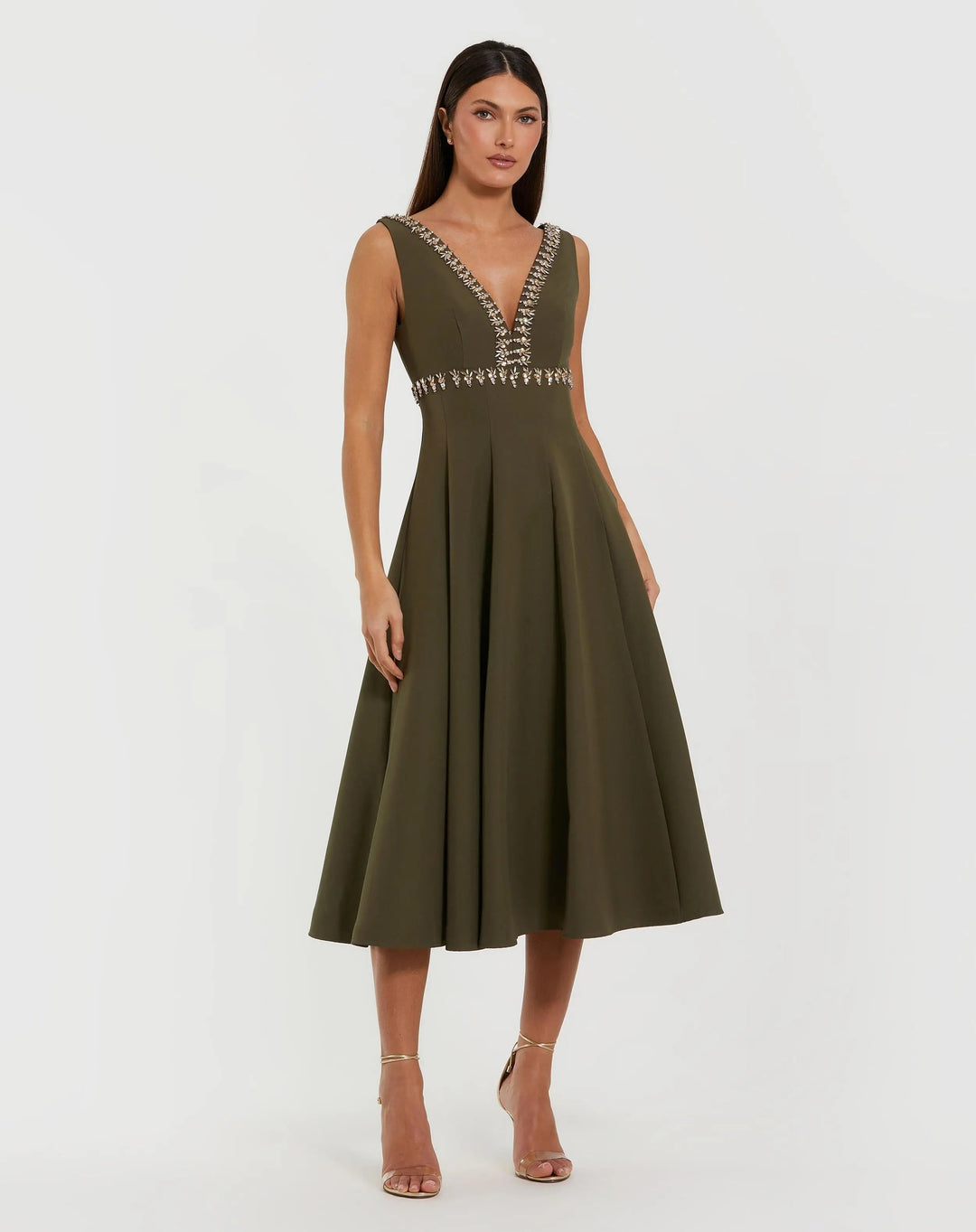 Green Rhinestone Embellished Crepe A Line Midi Dress - FOSTANI.com