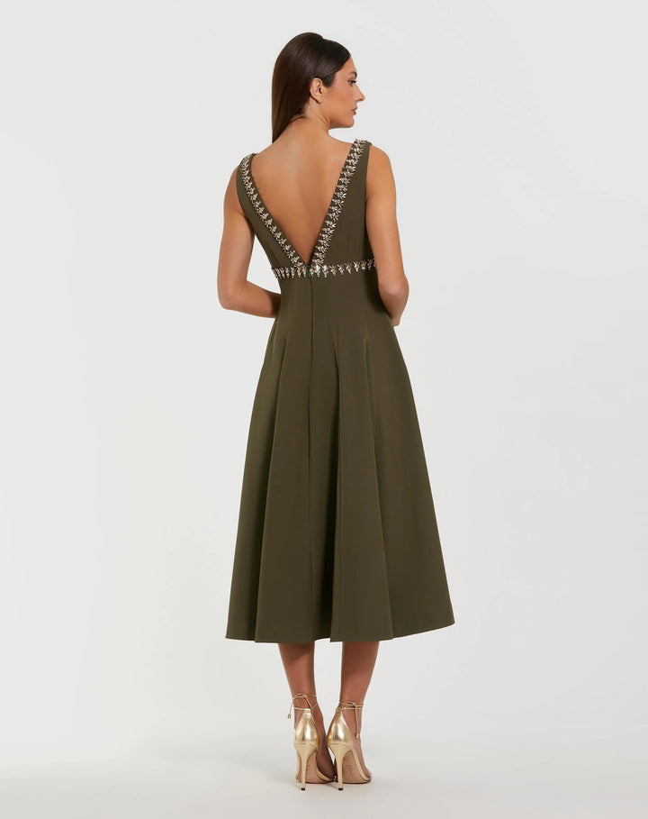 Green Rhinestone Embellished Crepe A Line Midi Dress - FOSTANI.com
