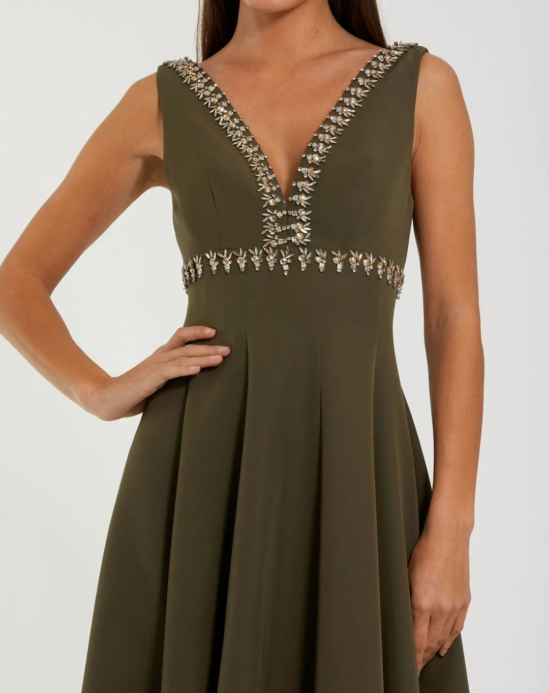 Green Rhinestone Embellished Crepe A Line Midi Dress - FOSTANI.com