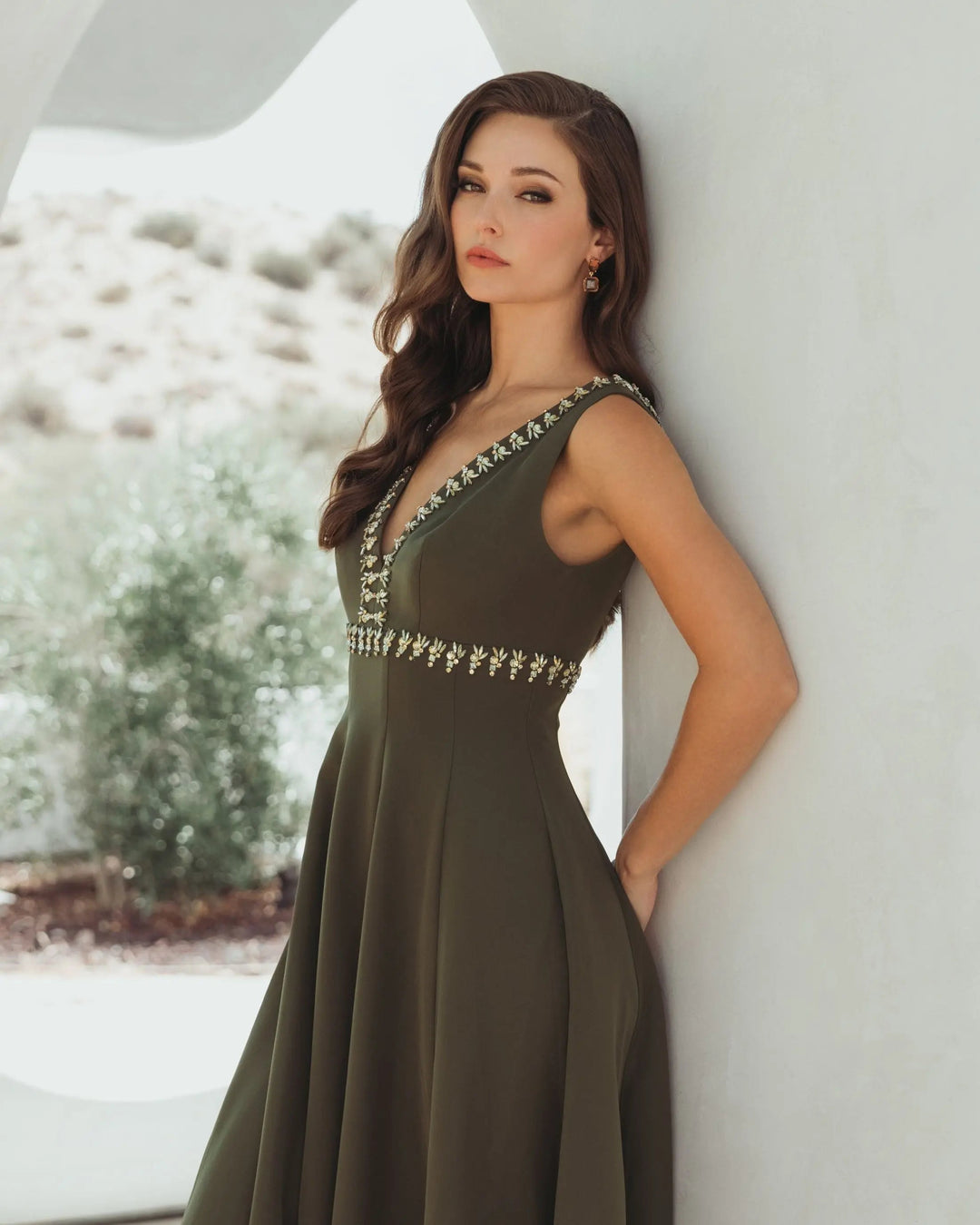 Green Rhinestone Embellished Crepe A Line Midi Dress - FOSTANI.com