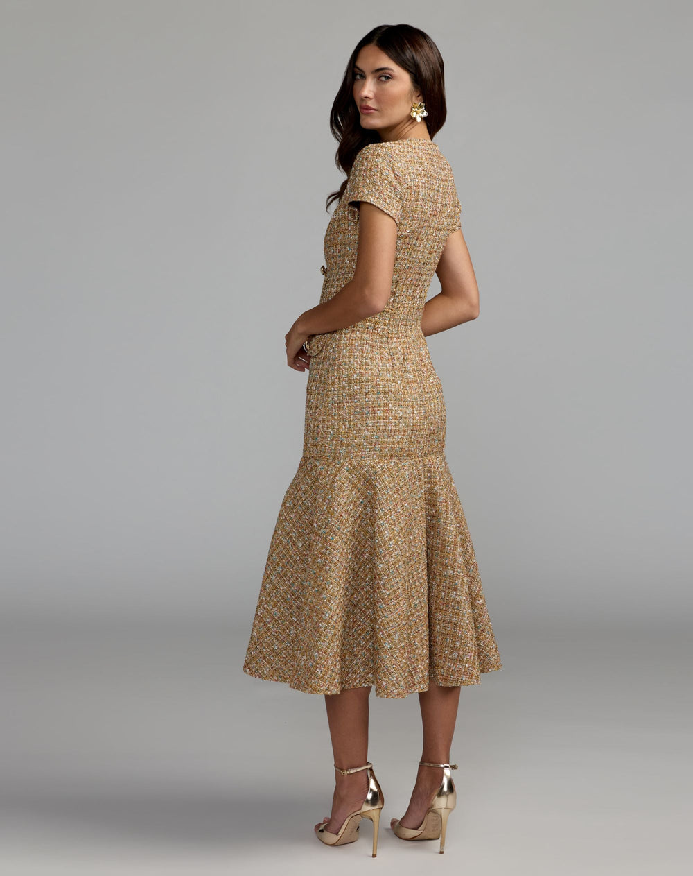 Mac Duggal 21167 High Neck Short Sleeve Boucle Midi Dress