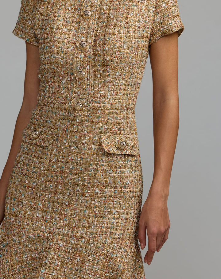 Mac Duggal 21167 High Neck Short Sleeve Boucle Midi Dress