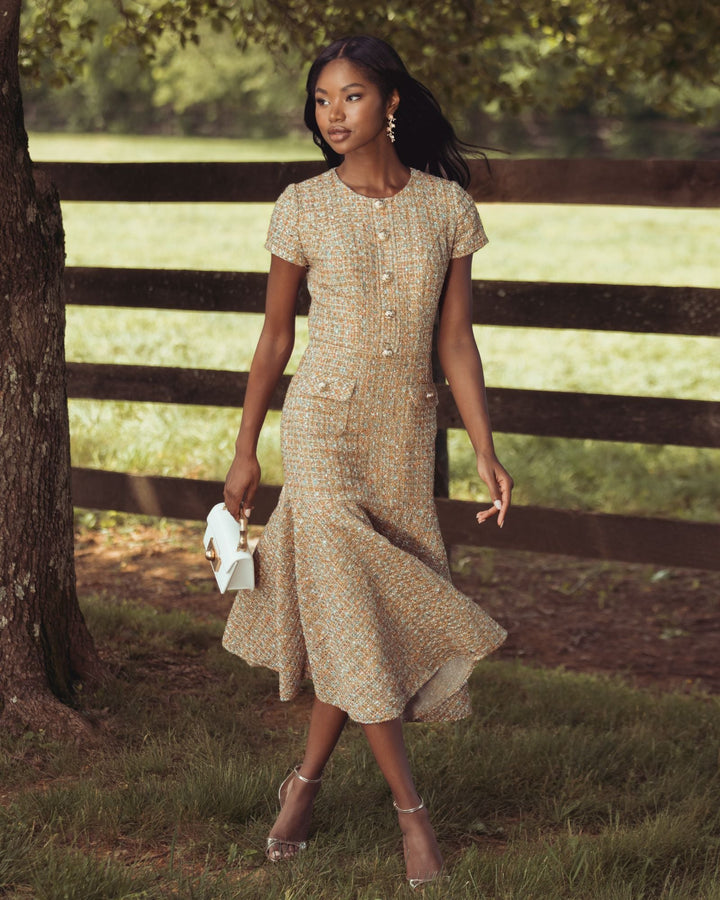 Mac Duggal 21167 High Neck Short Sleeve Boucle Midi Dress