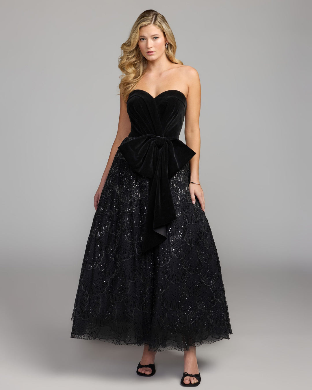 Mac Duggal 21197 Velvet Bow Sequin Strapless A-Line Gown