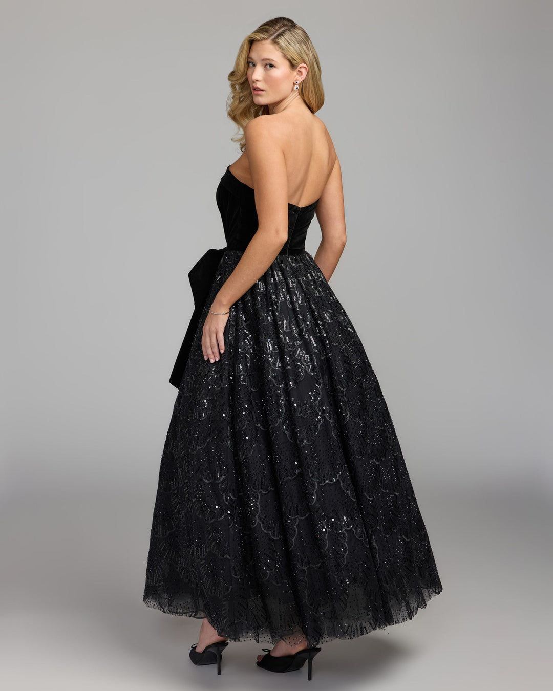 Mac Duggal 21197 Velvet Bow Sequin Strapless A-Line Gown