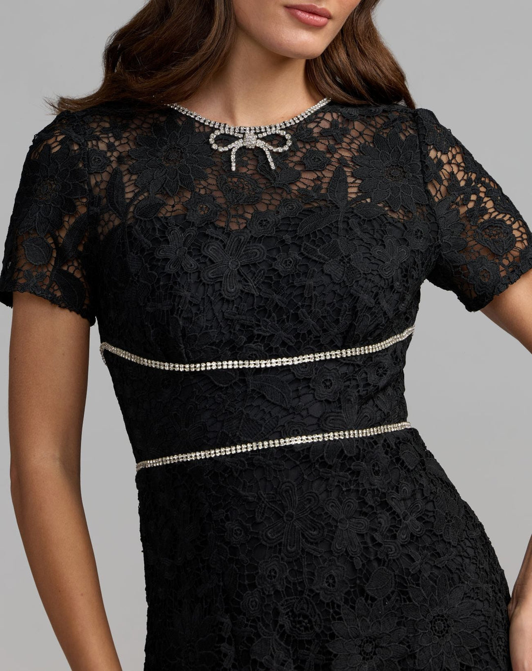 Mac Duggal 21208 Short Sleeve Lace Midi Dress With Rhinestone Trim