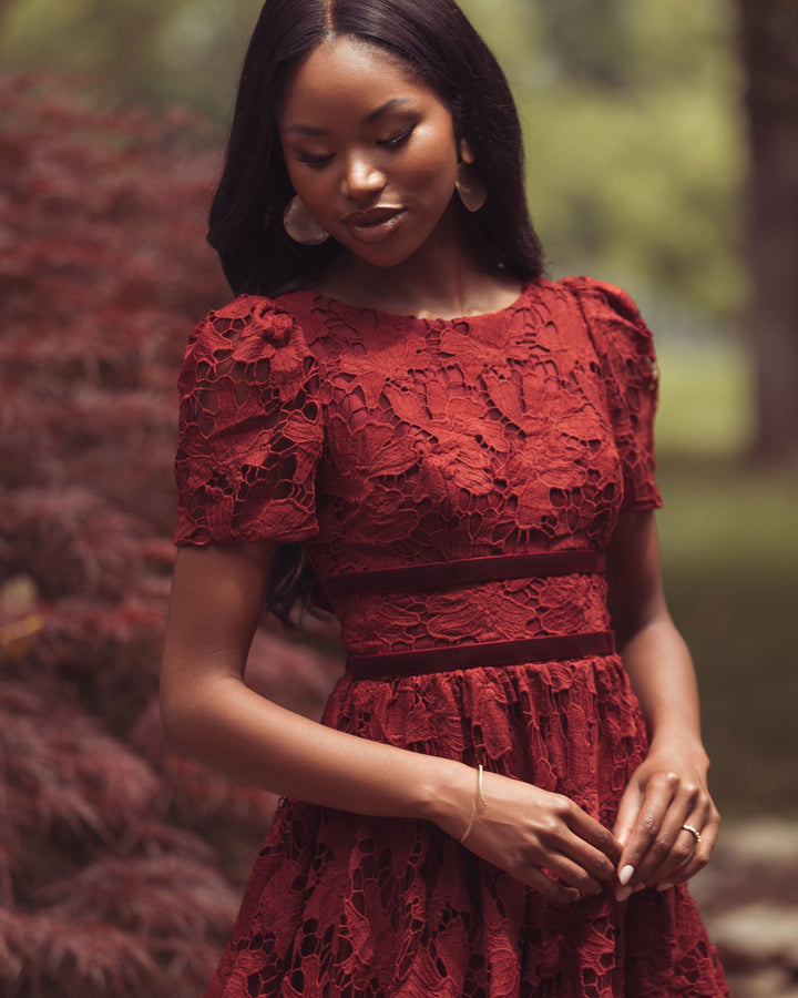 Mac Duggal 21210 A-Line Short Sleeve Lace Midi Dress