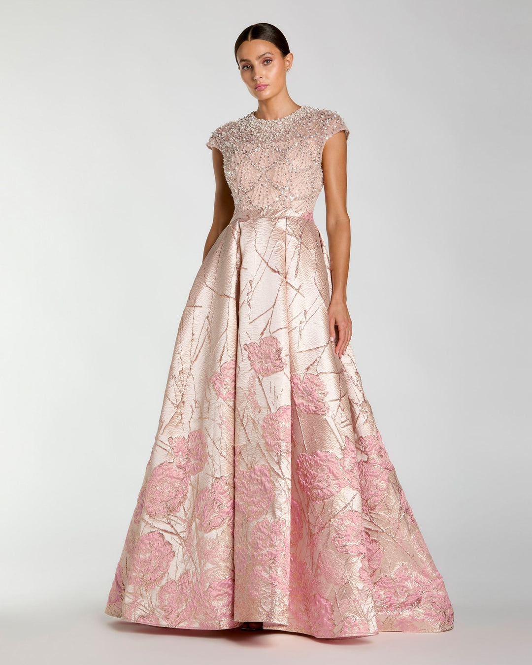 Mac Duggal 21219 Pink Cap Sleeve Embellished Floral Brocade Ball Gown - FOSTANI.com