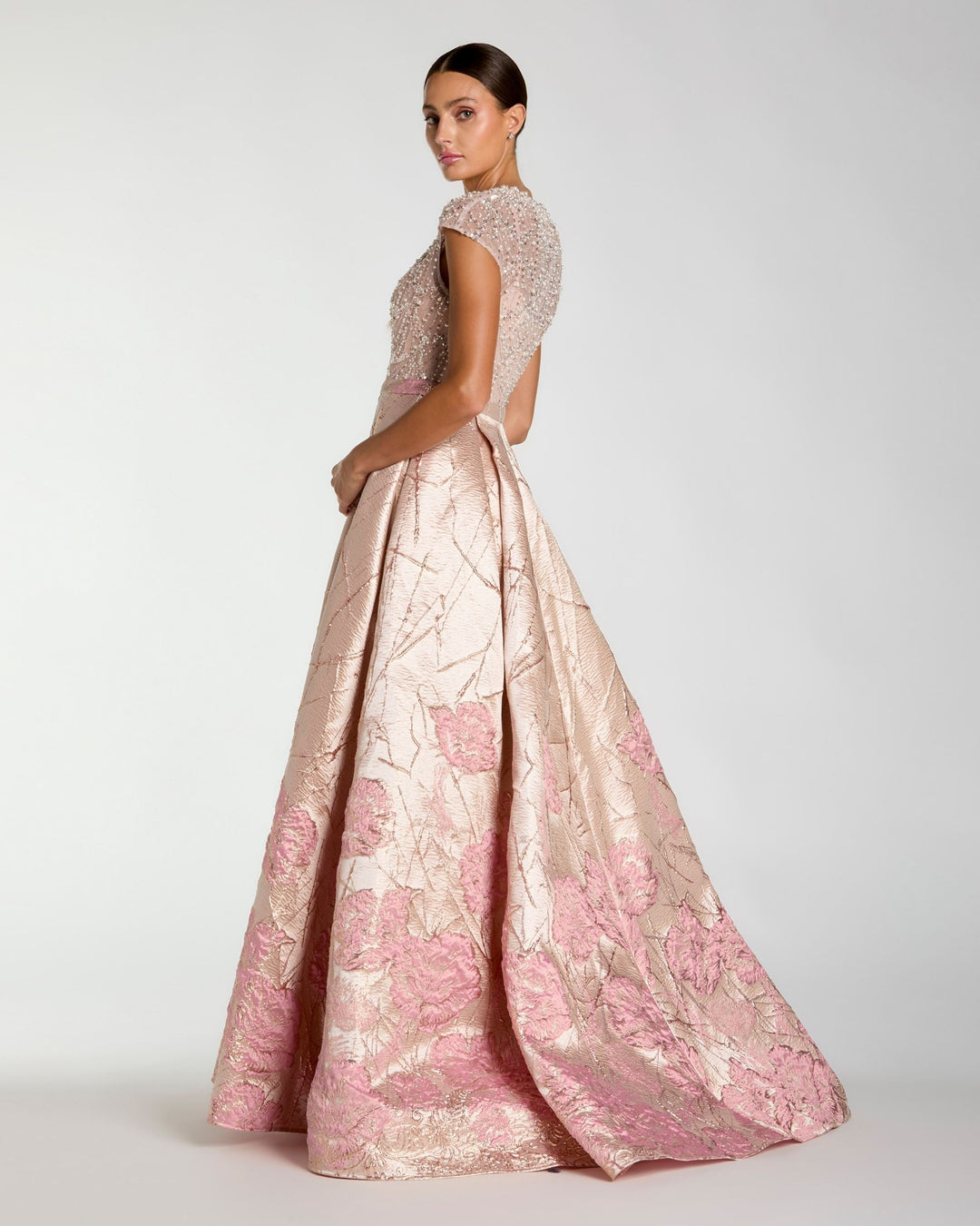 Mac Duggal 21219 Pink Cap Sleeve Embellished Floral Brocade Ball Gown - FOSTANI.com