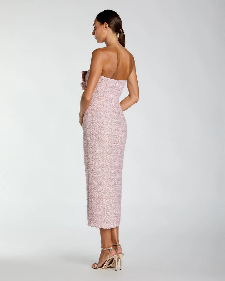 Pink Strapless Boucle Midi Dress With 3D Flower - FOSTANI.com