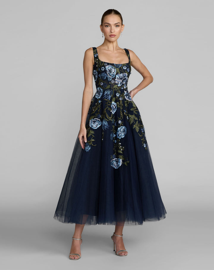 Mac Duggal 21295 Square Neck Embroidered A-Line Midi Dress