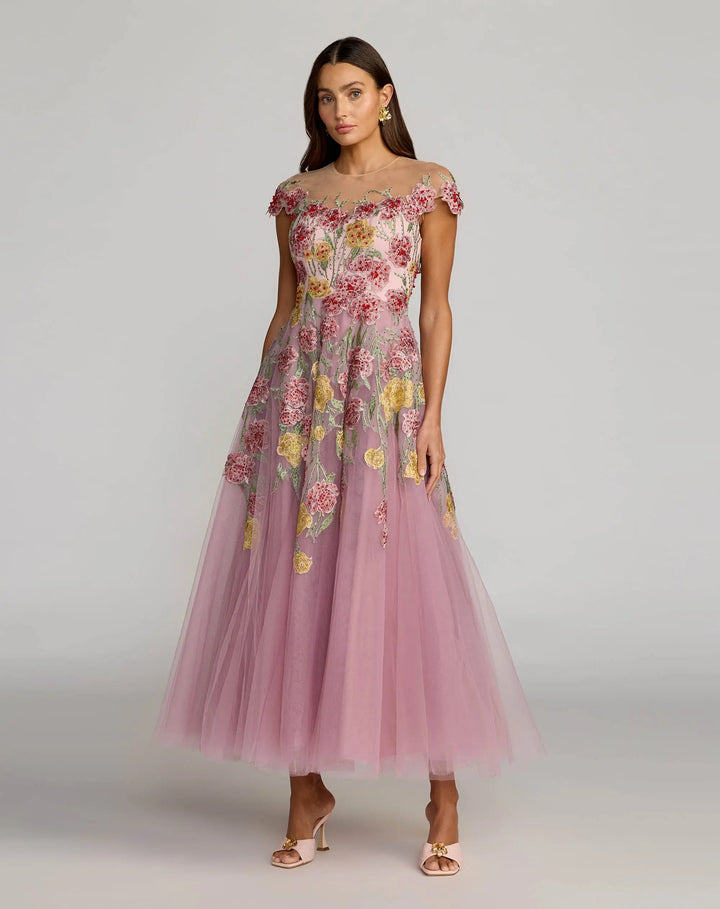 Mac Duggal 21357 Floral Embroidered Illusion Sweetheart Midi Dress