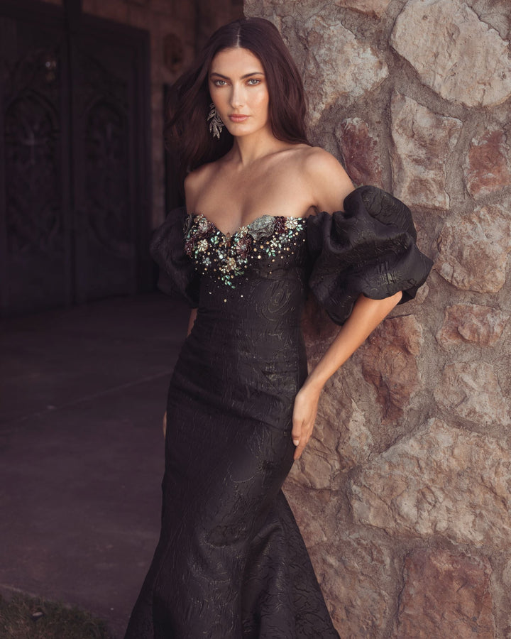 Mac Duggal 21526 Embellished Brocade Off The Shoulder Mermaid Gown
