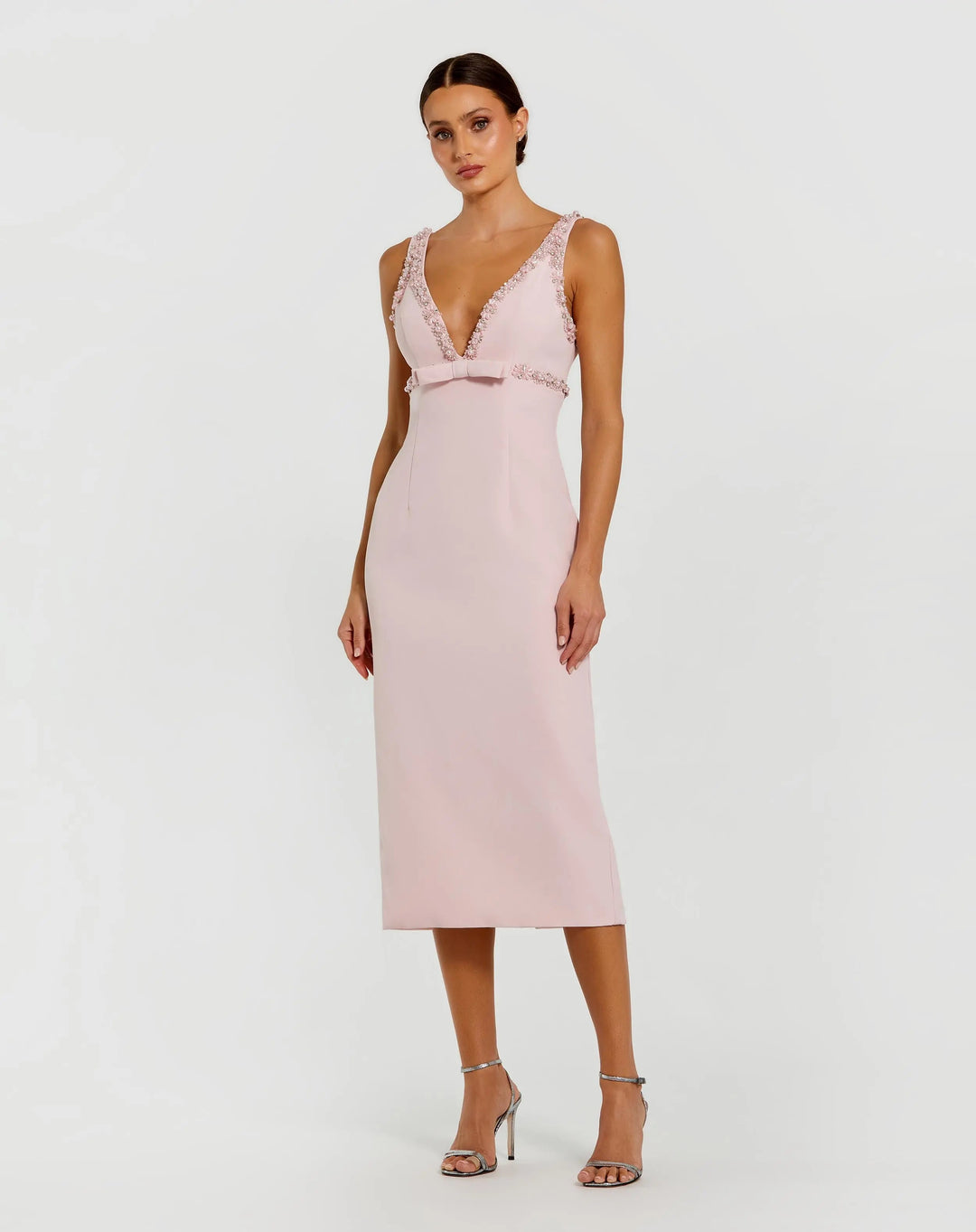 Pink Crepe Fitted Midi Dress With Bow And Beaded Trim - FOSTANI.com