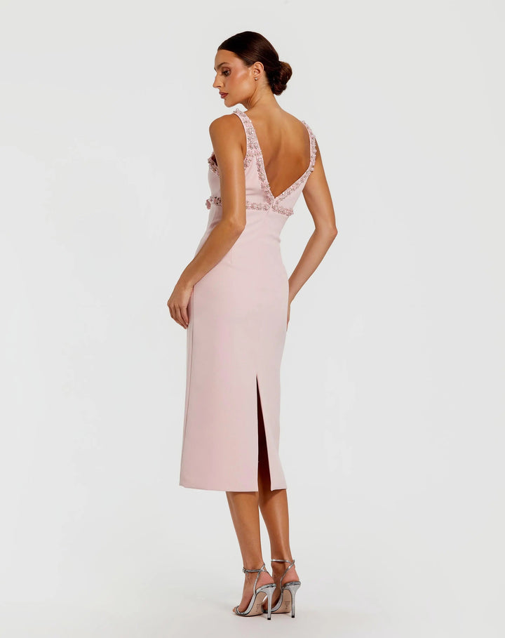 Pink Crepe Fitted Midi Dress With Bow And Beaded Trim - FOSTANI.com