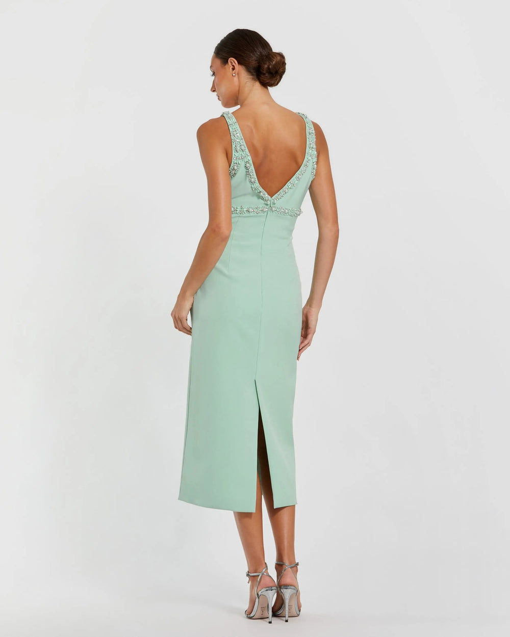 Green Crepe Fitted Midi Dress With Bow And Beaded Trim - FOSTANI.com
