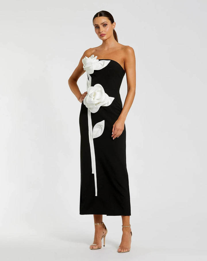 Black Strapless Crepe Dress With 3D Satin Flowers - FOSTANI.com
