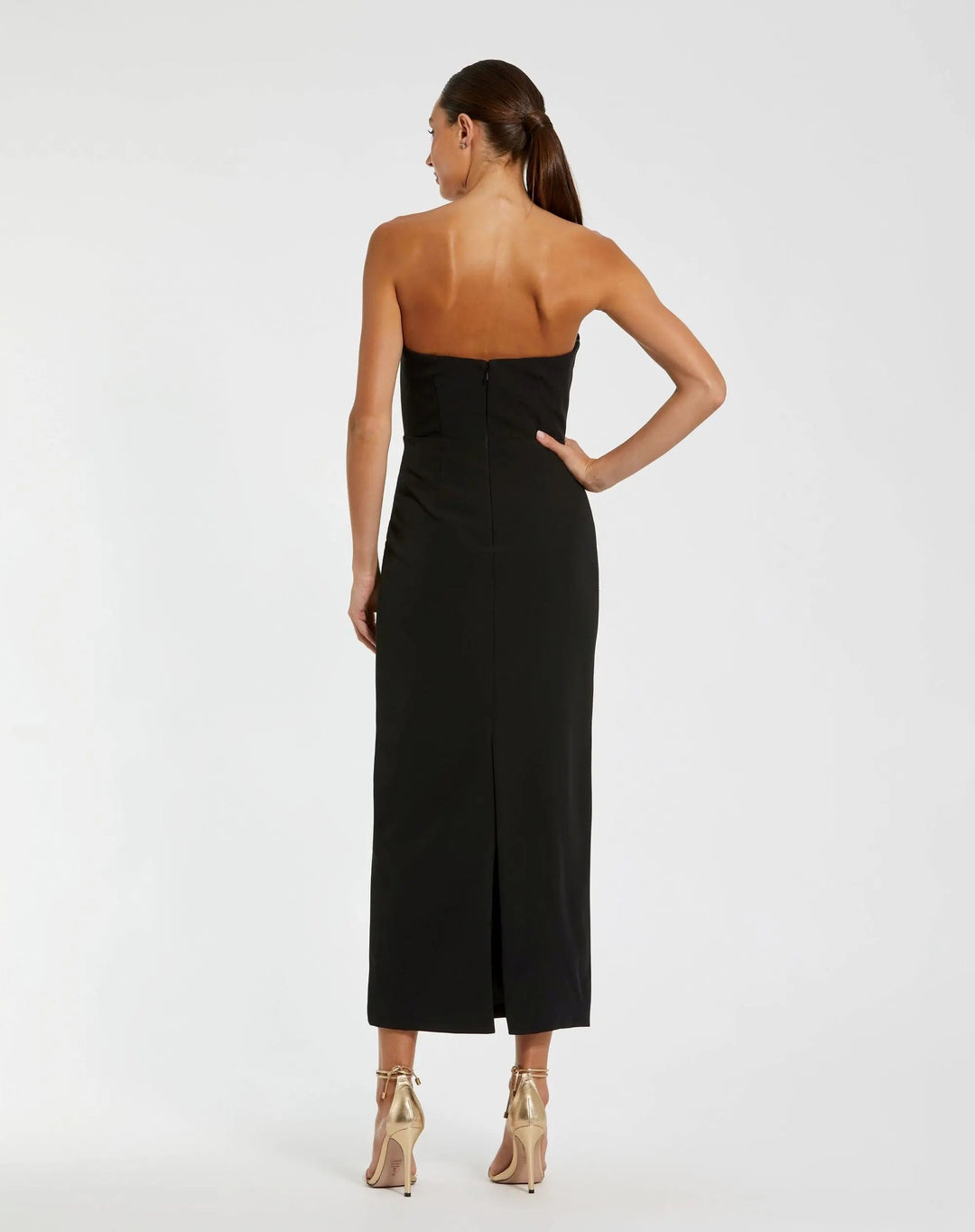 Black Strapless Crepe Dress With 3D Satin Flowers - FOSTANI.com