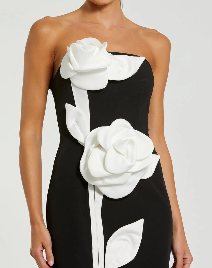 Black Strapless Crepe Dress With 3D Satin Flowers - FOSTANI.com