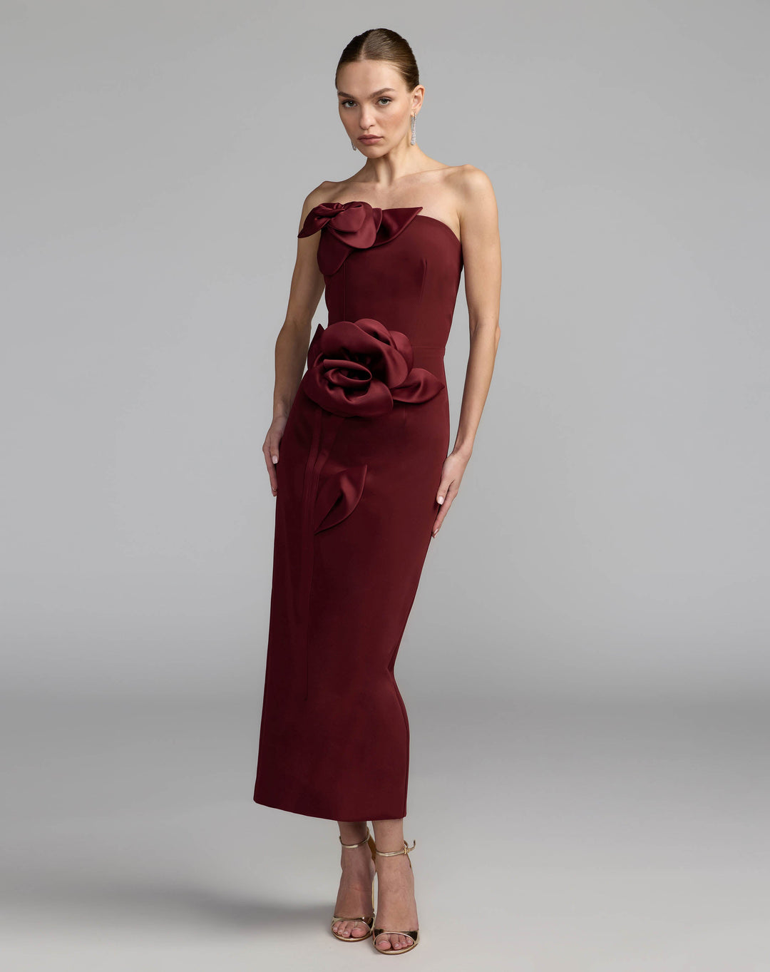 Mac Duggal 2283 Strapless Crepe Dress With 3D Satin Flowers