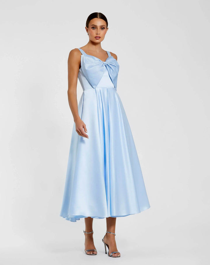 Blue Sleeveless Satin Midi Dress with Bow Detail - FOSTANI.com