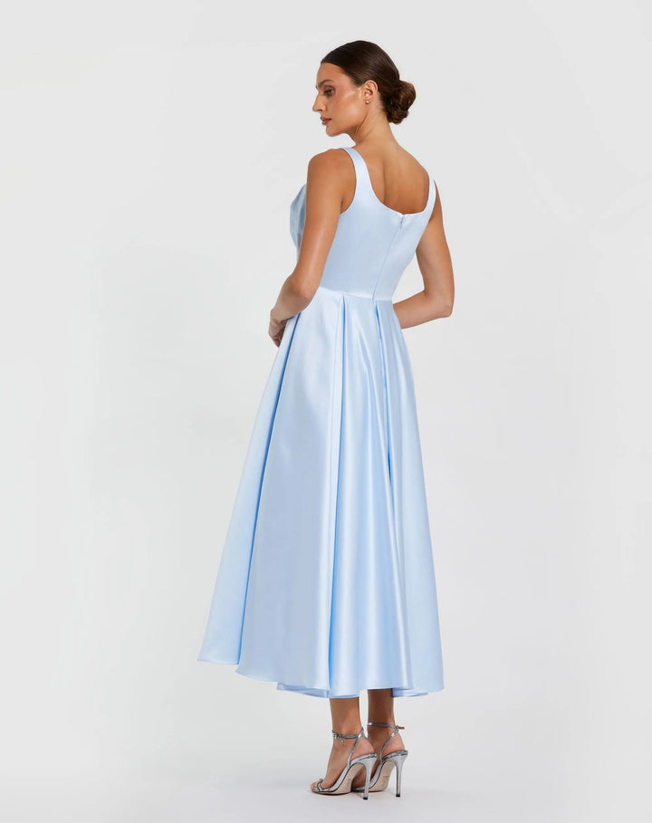 Blue Sleeveless Satin Midi Dress with Bow Detail - FOSTANI.com