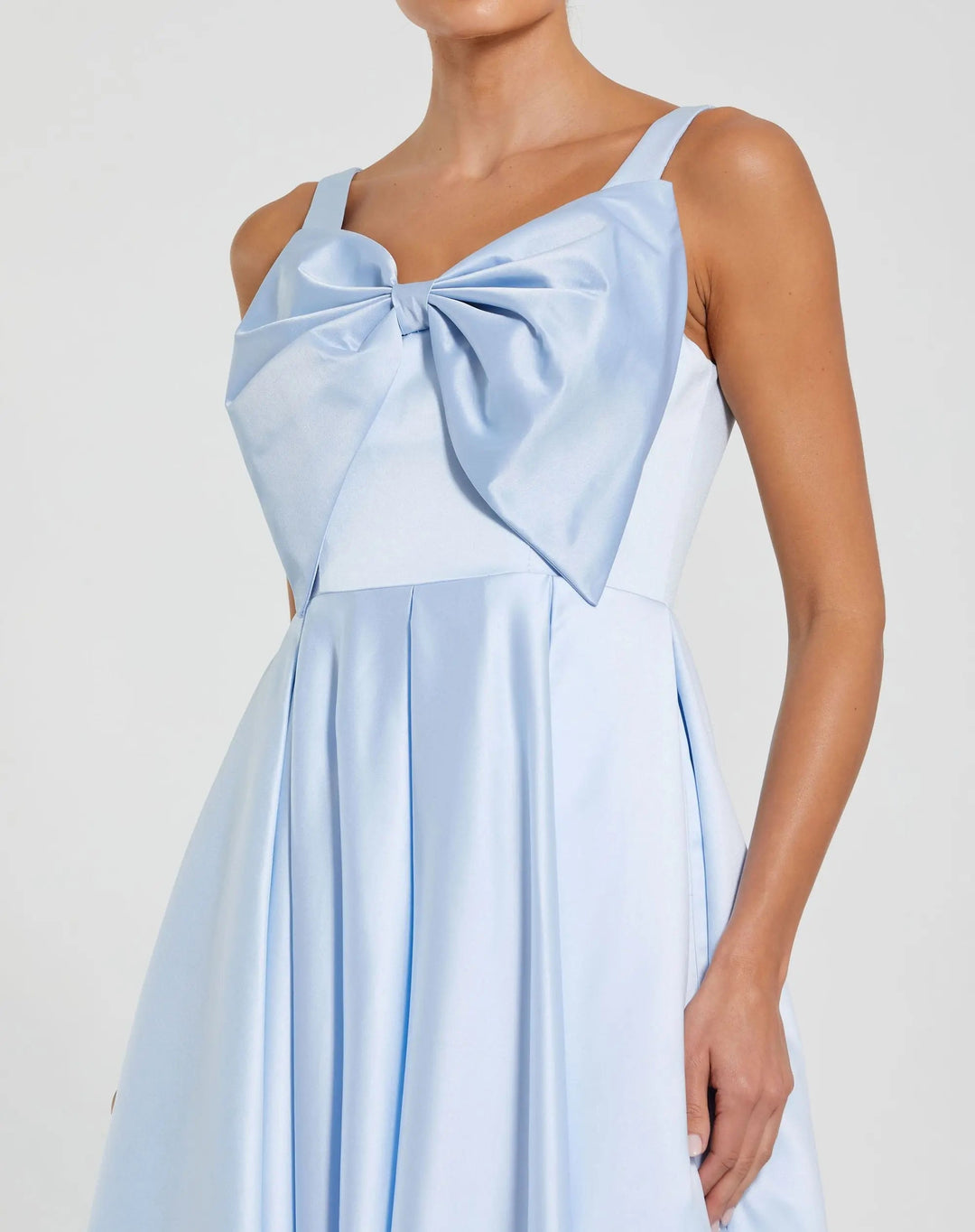 Blue Sleeveless Satin Midi Dress with Bow Detail - FOSTANI.com