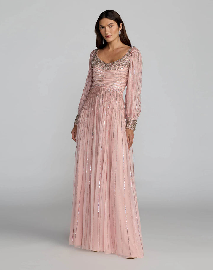 Mac Duggal 23085 Embellished Long Sleeve Scoop Neck A-Line Gown