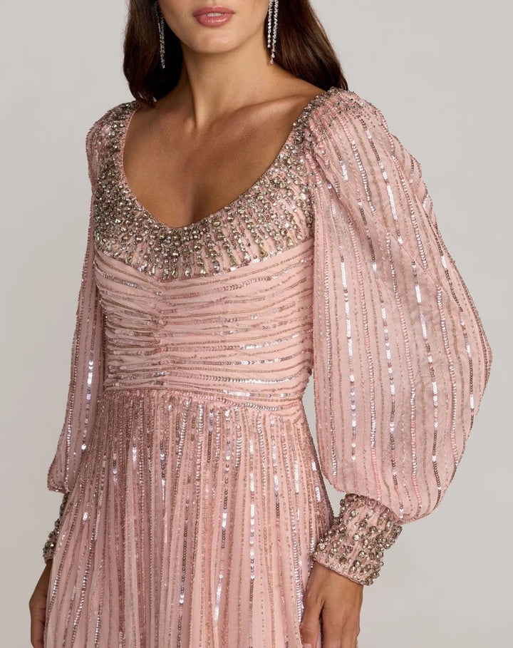 Mac Duggal 23085 Embellished Long Sleeve Scoop Neck A-Line Gown