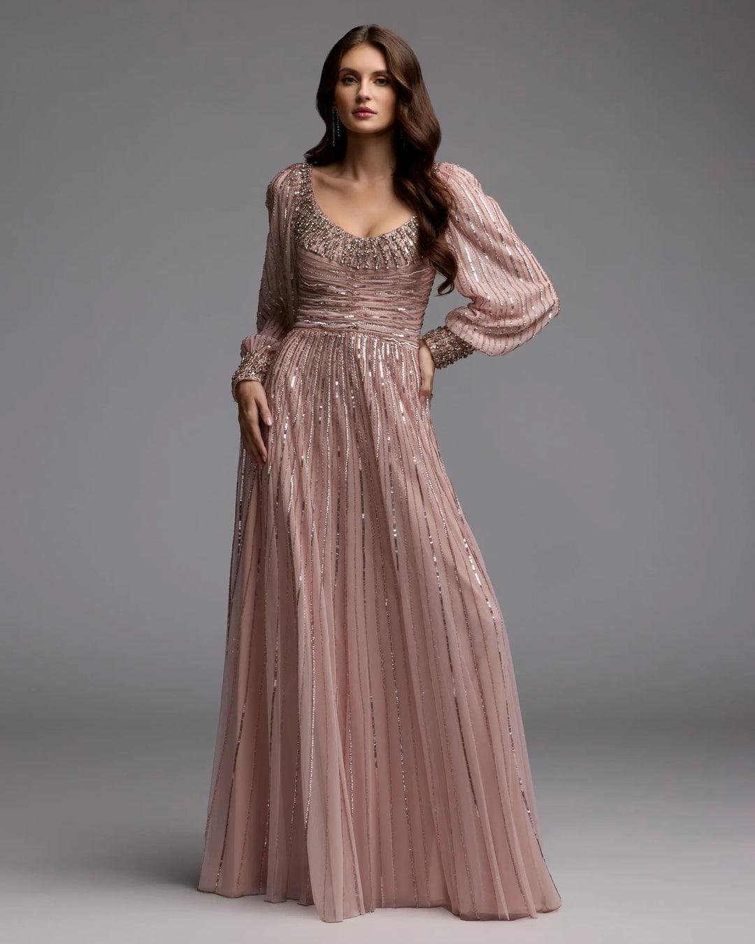 Mac Duggal 23085 Embellished Long Sleeve Scoop Neck A-Line Gown