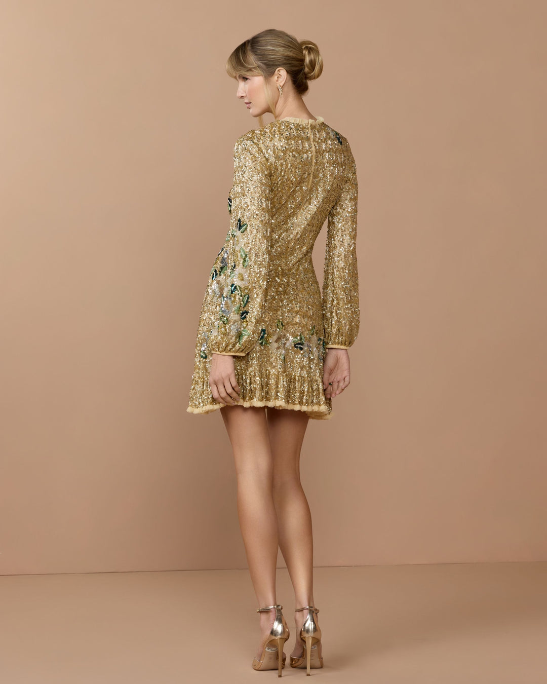 Mac Duggal 23102 Floral Hand Beaded Long Sleeve Mini Dress