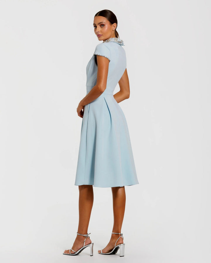 Blue Crepe Short Sleeve Midi Dress With Beading - FOSTANI.com