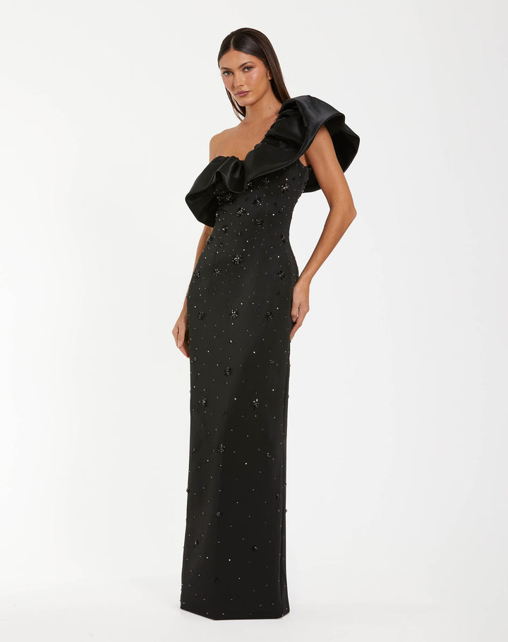 Mac Duggal 2315 Beaded Crepe One Shoulder Gown With Satin Ruffle