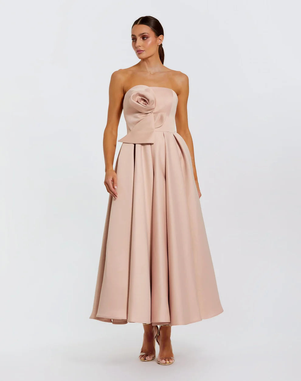 Mac Duggal 2330 Strapless Satin A Line Midi Dress With 3D Flower