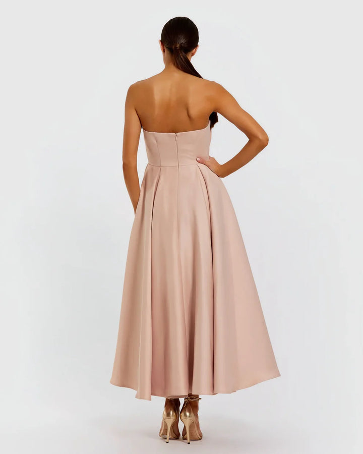 Mac Duggal 2330 Strapless Satin A Line Midi Dress With 3D Flower